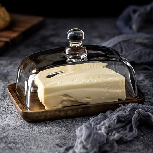 Wooden Butter Dish Base with Clear Glass Cloche Lid and 18 x 12 x 10.9 cm Serving Tray for Table Use