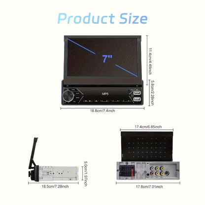 Single DIN Car Stereo – 7" HD Retractable Touchscreen, MP5 Player, Mirror Link, Bluetooth Hands-Free, FM Radio, USB & AUX