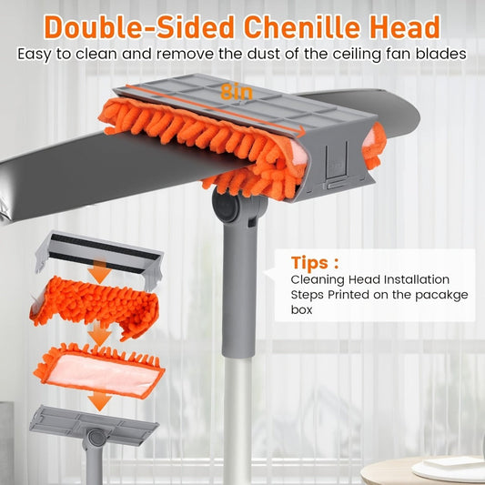 Ceiling Fan Duster 63 Inch Extendable Long Handle Reusable Chenille Microfiber Mop Head Ceiling Fan Blade Cleaner for Dusting Fan Blades