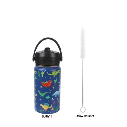 Insulated Stainless Steel Water Cup with Straw | 12oz 340ml, 3D Cartoon Pattern, Double Wall, Handle & Straw Brush – Travel