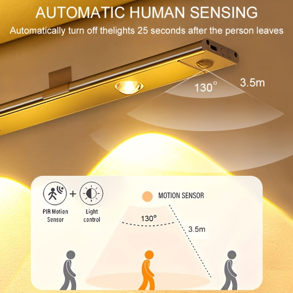 LED Sensor Strip Light USB Rechargeable – 3-Color Dimmable Motion Sensing Wireless Night Light for Kitchen, Wardrobe, Cabinet