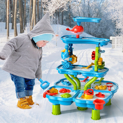 Water Play Table for Kids Double-Sided Waterfall & Beach Sand Zone, Outdoor Sensory Activity Toy for Toddlers Ages 3+