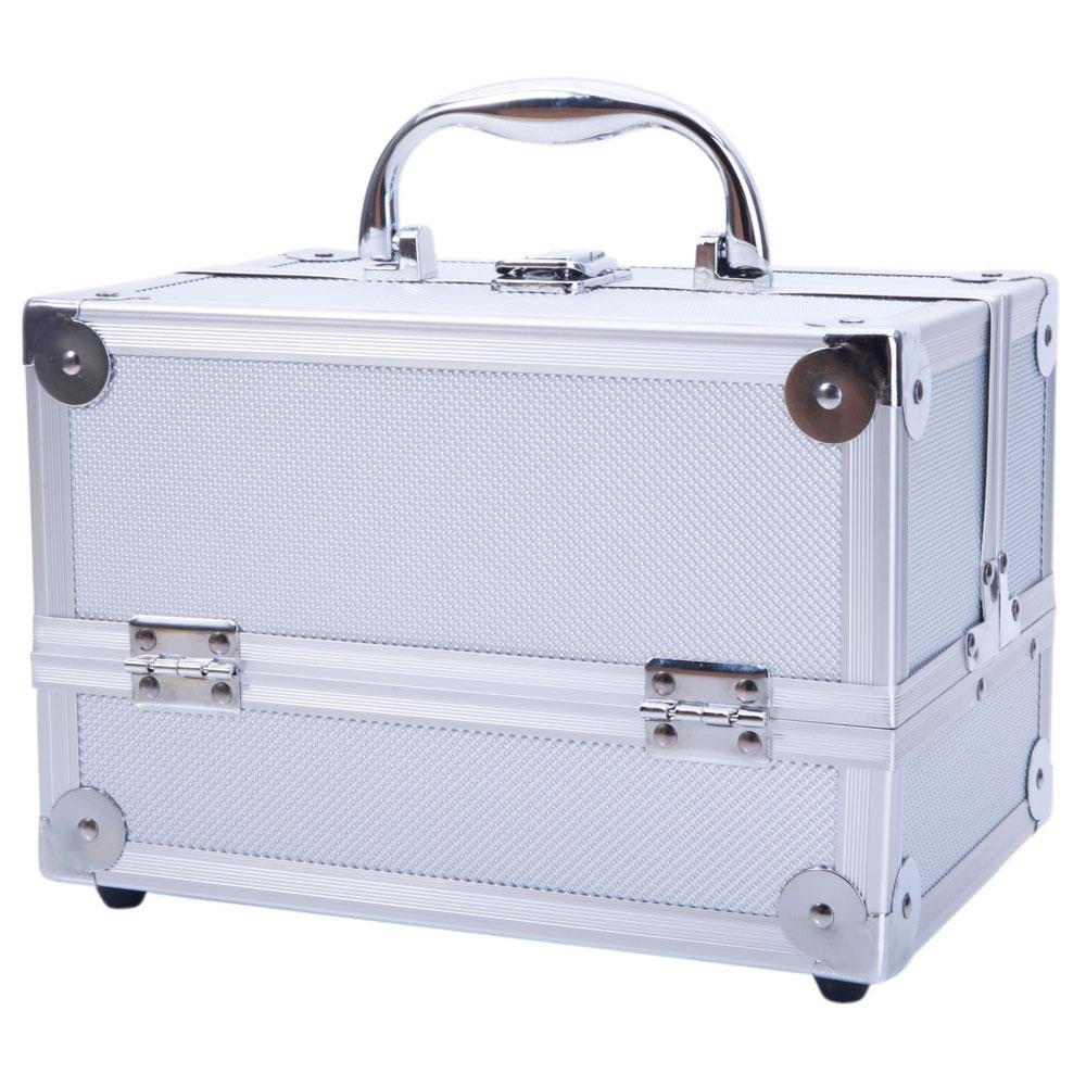 Tabletop Makeup Carry Case with Mirror, Fold-Out Trays and Dividers in Black, Silver or Pink