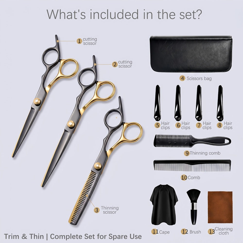 Hair Cutting Scissors Kit 13 Piece – Professional Barber Shears Set with Thinning Shears, Blending Scissors & Accessories