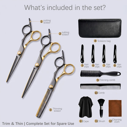 Hair Cutting Scissors Kit 13 Piece – Professional Barber Shears Set with Thinning Shears, Blending Scissors & Accessories