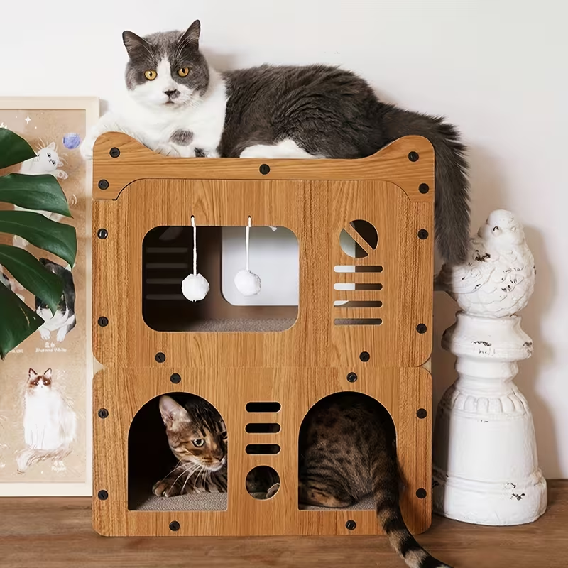 Cat Tree Condo House with Scratching Board – Multi-Level Cat House for Indoor Cats with Dual Scratching Posts