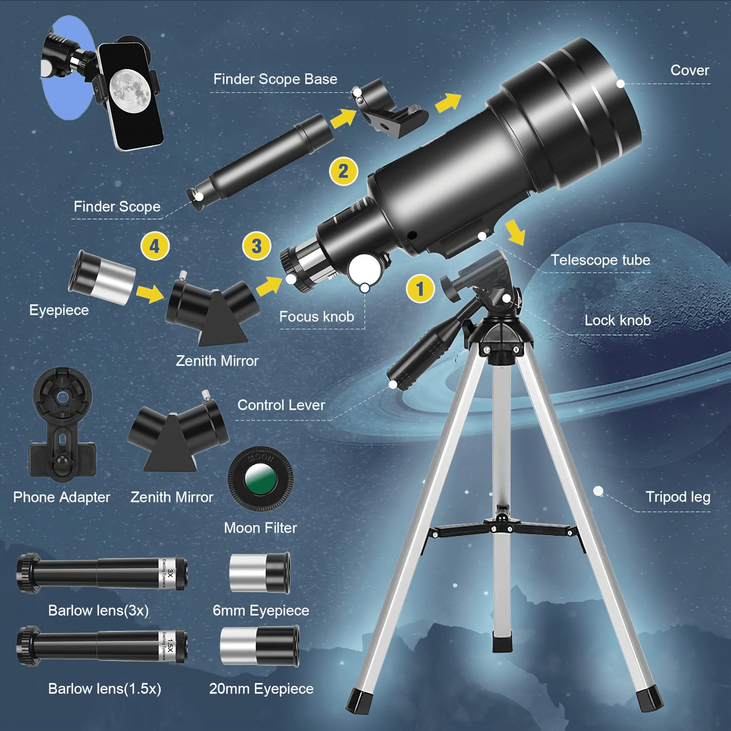 70 mm Refractor Telescope Kit with Five Color Labels, Tripod, Phone Holder and Two Eyepieces