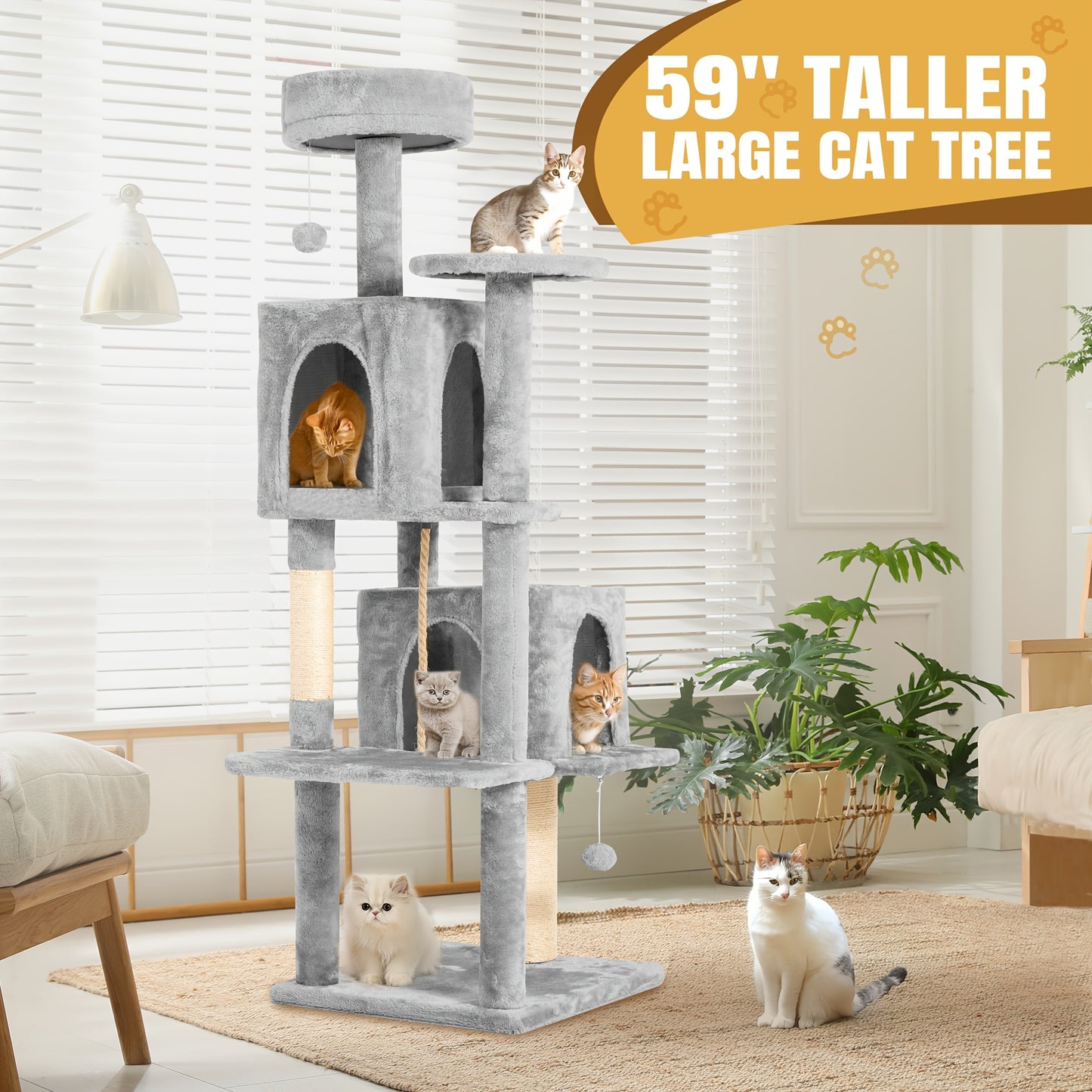 Cat Tree Tower 59 Inch Large Multi-Level Cat Tower for Indoor Cats with Plush Resting Area, Sisal Scratching Post & Hanging Ball Toy