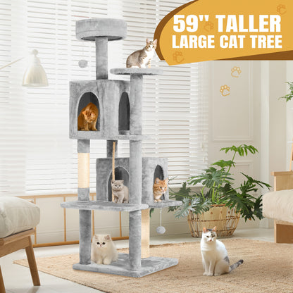 Cat Tree Tower 59 Inch Large Multi-Level Cat Tower for Indoor Cats with Plush Resting Area, Sisal Scratching Post & Hanging Ball Toy