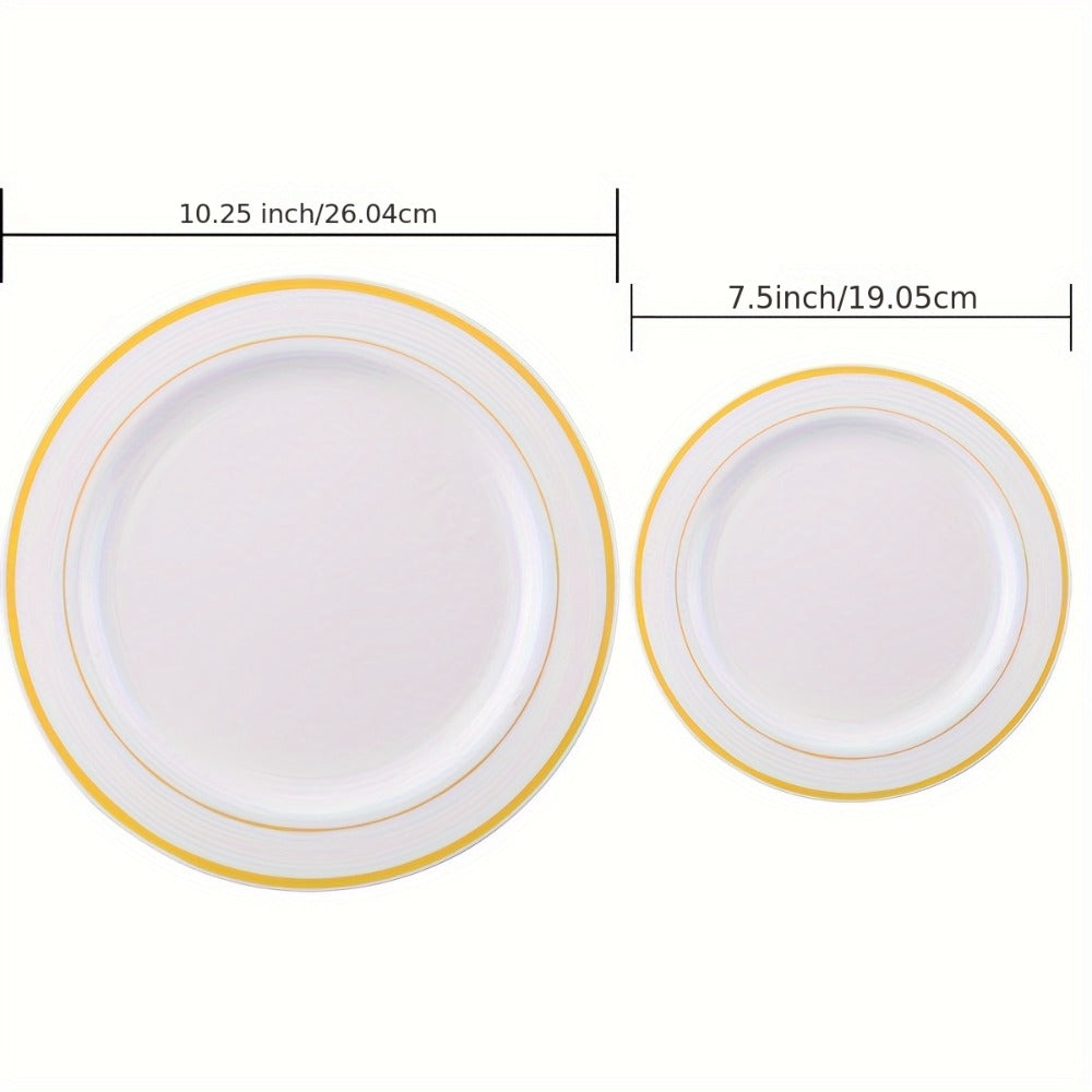 Gold Plastic Plates Disposable Dinnerware Set 350pcs, 50 Dinner Plates, 50 Dessert Plates, 50 Gold Rim 9oz Cups & 50 Gold Cutlery Sets