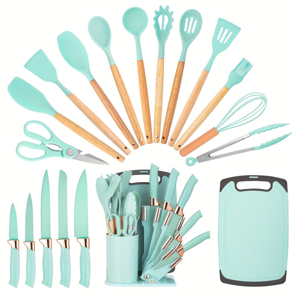 Kitchen Knife Set 19-Piece with Stainless Steel Blades, Wood Handles, Silicone Utensils, Board, Shears and Holder