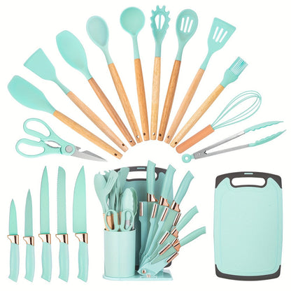 Kitchen Knife Set 19-Piece with Stainless Steel Blades, Wood Handles, Silicone Utensils, Board, Shears and Holder