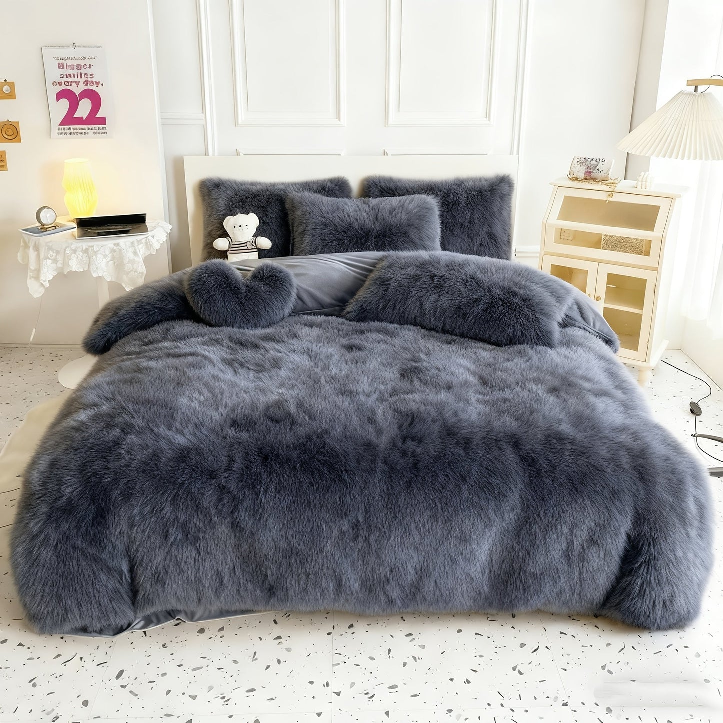 Velvet Duvet Cover Set Fluffy Plush Bedding Minimalist Solid Color, Carved Velvet Quilt Cover with Pillow Shams