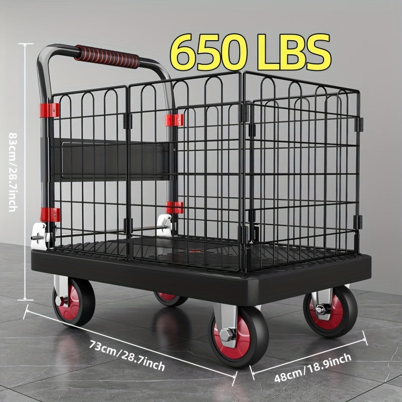 Folding Platform Cart with Removable Cage & Silent Wheels, 400-, Anti-Skid Deck, Telescopic Handle for Moving