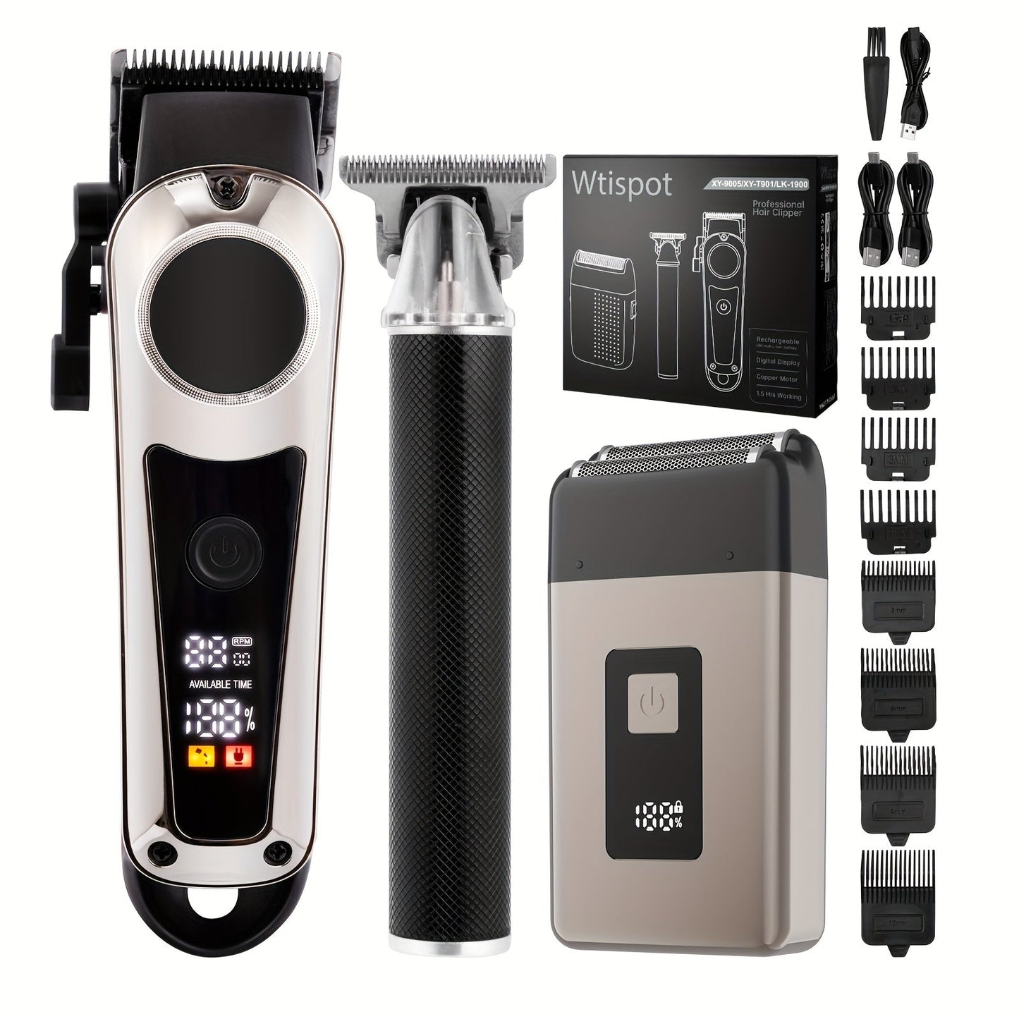 Hair Clipper Whistpot Single or Three-Piece Grooming Kit with USB Charging, Displays and Four Source Options