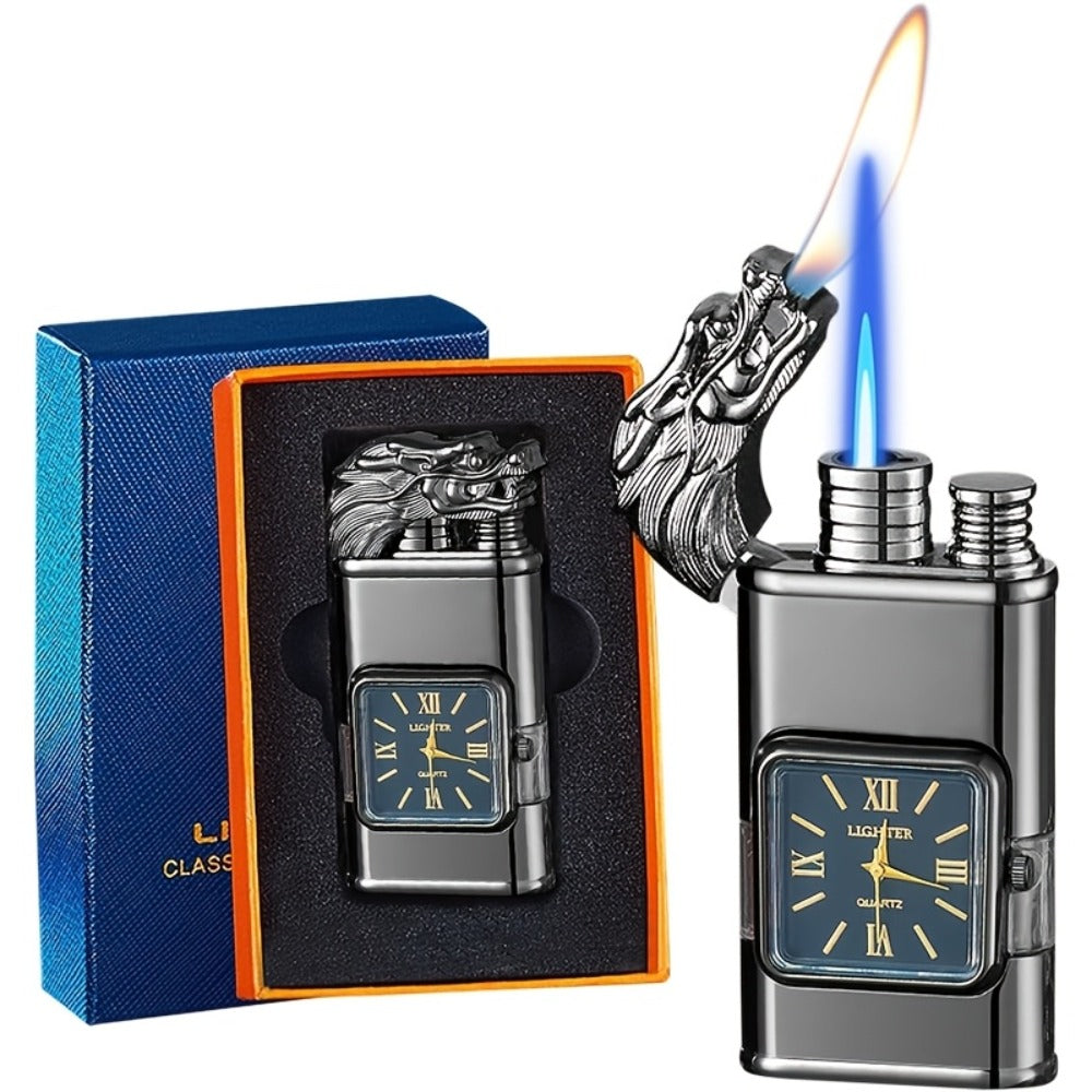 Double Flame Windproof Lighter Creative Retro Metal Lighter Dragon Eagle Gun Shape Quartz Dial Portable Outdoor Lighter Men Gift Box Butane