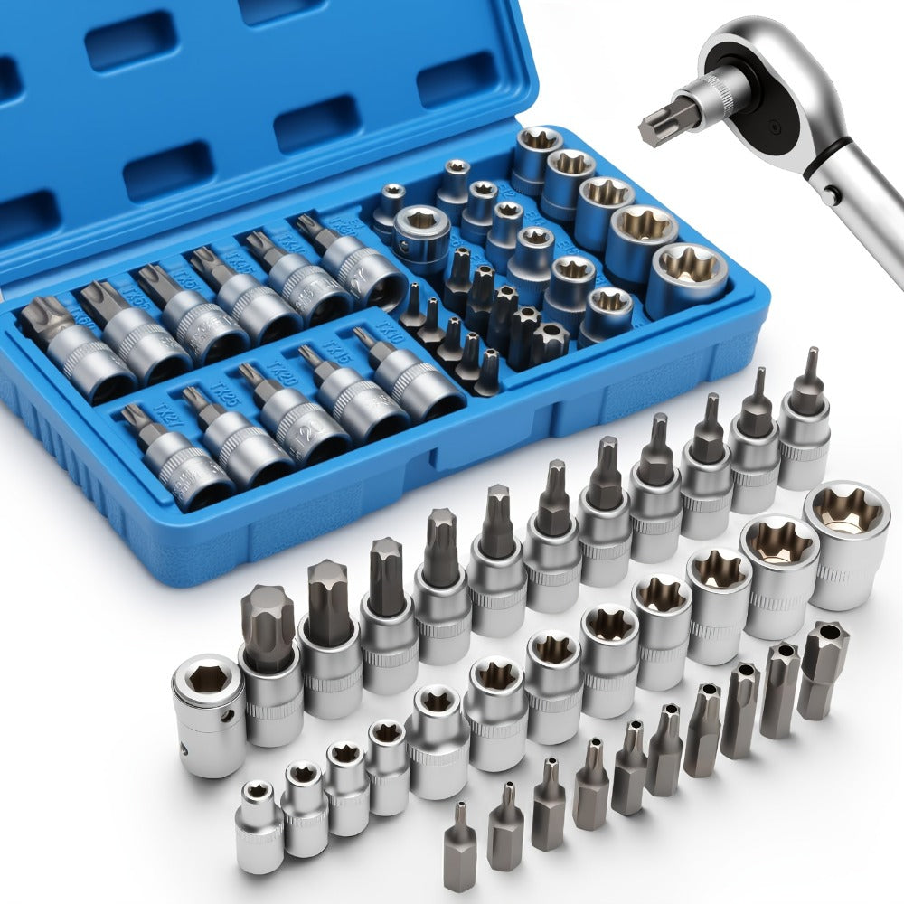 Torx Star Bit Socket Set 34/46-Piece – 3/8" Drive CR-V E-Socket E4-E20, T10-T60, Tamper-Proof TT10-TT55, S2 Steel, 5/16"F to 3/8"M Adapter