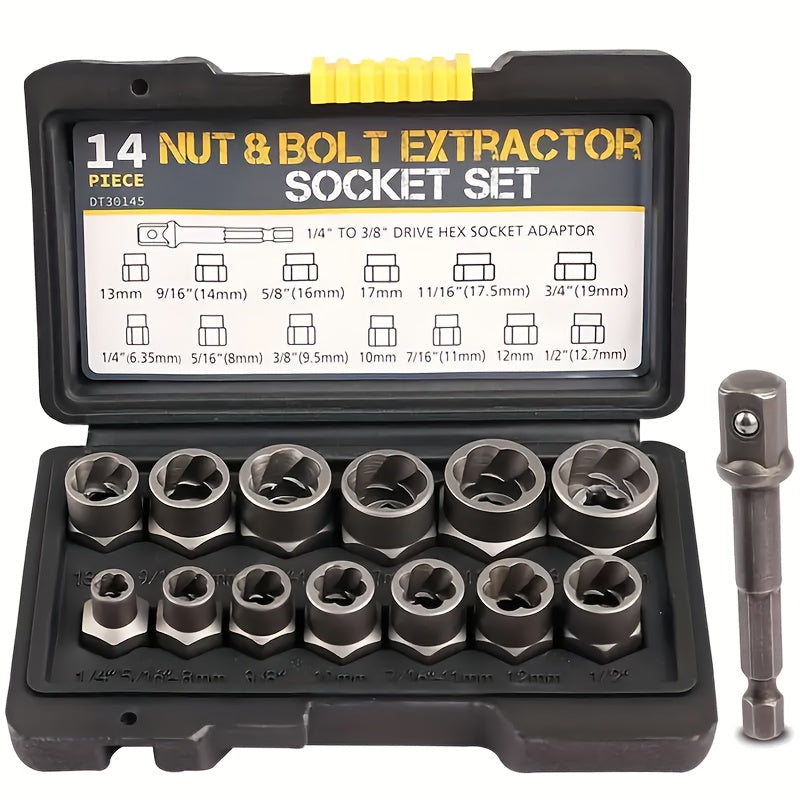 Nut Extractor Kit 14pcs, Damaged Bolt & Nut Remover Set with 13 Stripped Nut Extractors & 1 Hex Socket Adapter