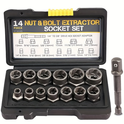 Nut Extractor Kit 14pcs, Damaged Bolt & Nut Remover Set with 13 Stripped Nut Extractors & 1 Hex Socket Adapter