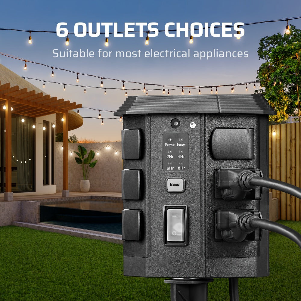 Outdoor Power Stake Timer 6 Outlet, 100FT Wireless Remote Control, Dusk to Dawn Photocell Sensor