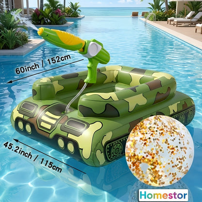 Giant Tugboat Pool Float 60 Inch XL Ride-On Inflatable Raft with Built-In Water Sprayer & 16-Inch Beach Ball