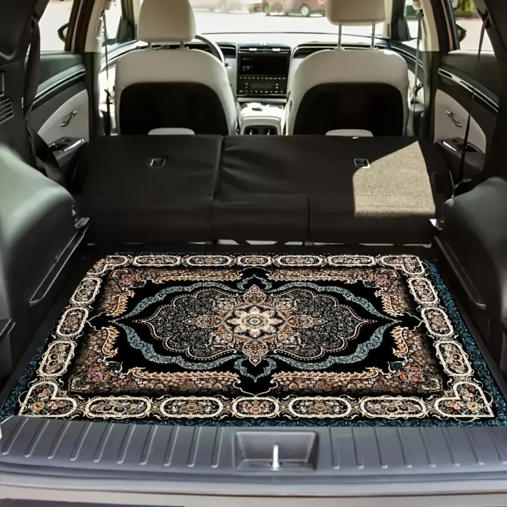 Car Trunk Liner Non-Slip Cargo Mat – Soft Dustproof Machine Washable Auto Trunk Protector with Elegant Black & Gold Intricate Pattern