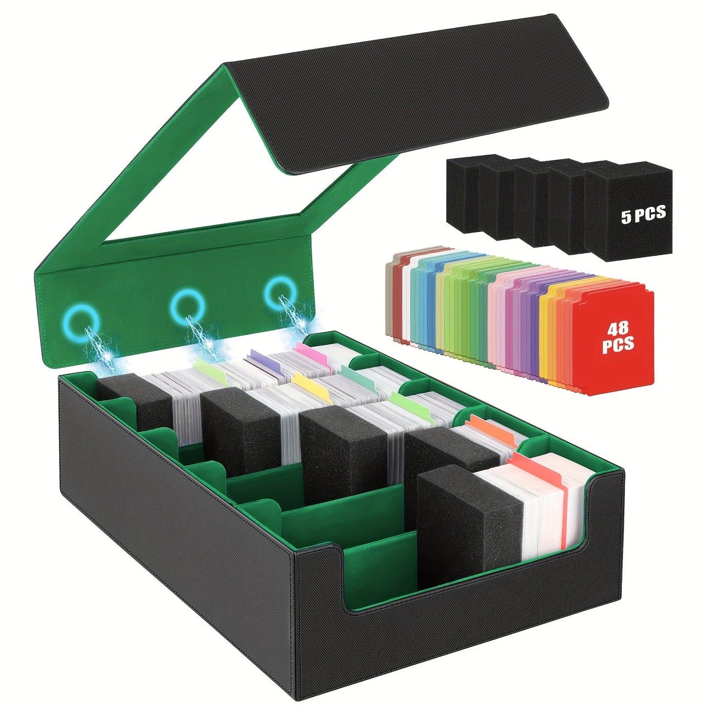 Trading Card Storage Box 5-Row 3900+ Capacity – Card Deck Case with 48 Colorful Dividers & 5 Foam Supporters for MTG Commander Yu-Gi-Oh