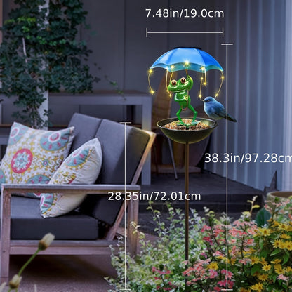 Solar Frog Statue Garden Light with Bird Feeder & LED String Decor, for Garden, Pathway and Patio Lighting