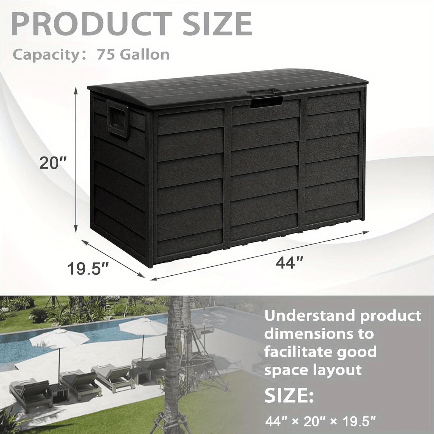 75-Gallon Pure Black Outdoor Storage Box with 44-Inch Pictured Width, Hinged Lid and Side Handles