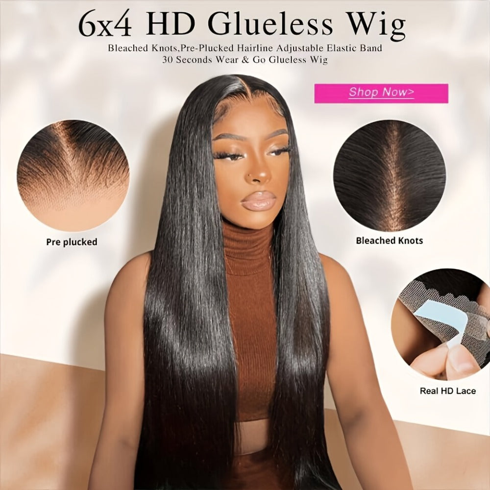Wig Bone-Straight Glueless Human Hair in Natural Black, 10-34 Inch Options with Pre-Cut 6x4.5 Lace