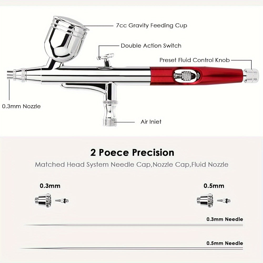 Airbrush Kit Dual-Action Gravity Feed – 0.3mm & 0.5mm Needle Sets, 7cc 20cc 40cc Cups, Complete Air Brush Gun Set for Nails, Makeup