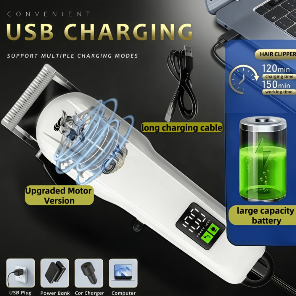 Hair Clipper Kit with Scissors for Home & Salon – Professional Stainless Steel Blade, Digital Display, USB Rechargeable Hair Cutting Set