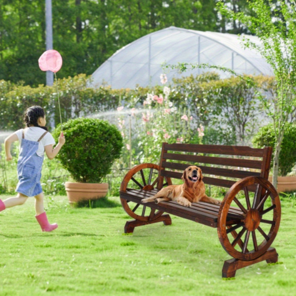 Outdoor Wooden Wheel Bench 3-Person Wagon Slatted Seat Weatherproof Porch Garden