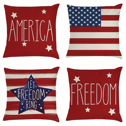 Patriotic Pillowcase Set 4pcs – Stars & Stripes Polyester Pillow Covers, Zipper Closure, Machine Washable