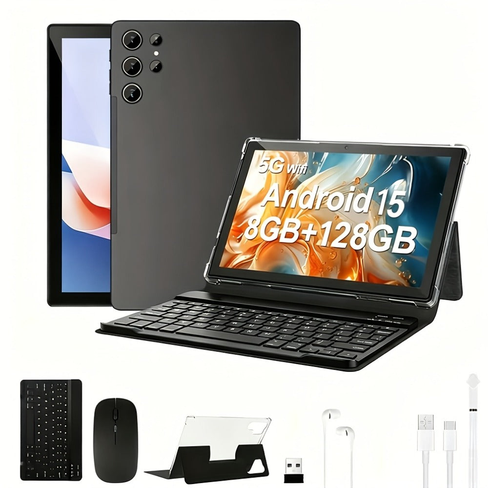 2-in-1 Tablet Android 15, 10.1 Inch Tablet with Keyboard Case Stylus, 8GB RAM 128GB ROM, 8000mAh Battery