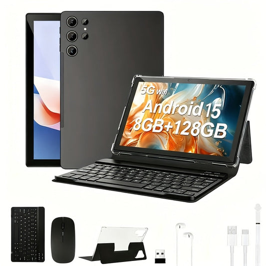 2-in-1 Tablet Android 15, 10.1 Inch Tablet with Keyboard Case Stylus, 8GB RAM 128GB ROM, 8000mAh Battery