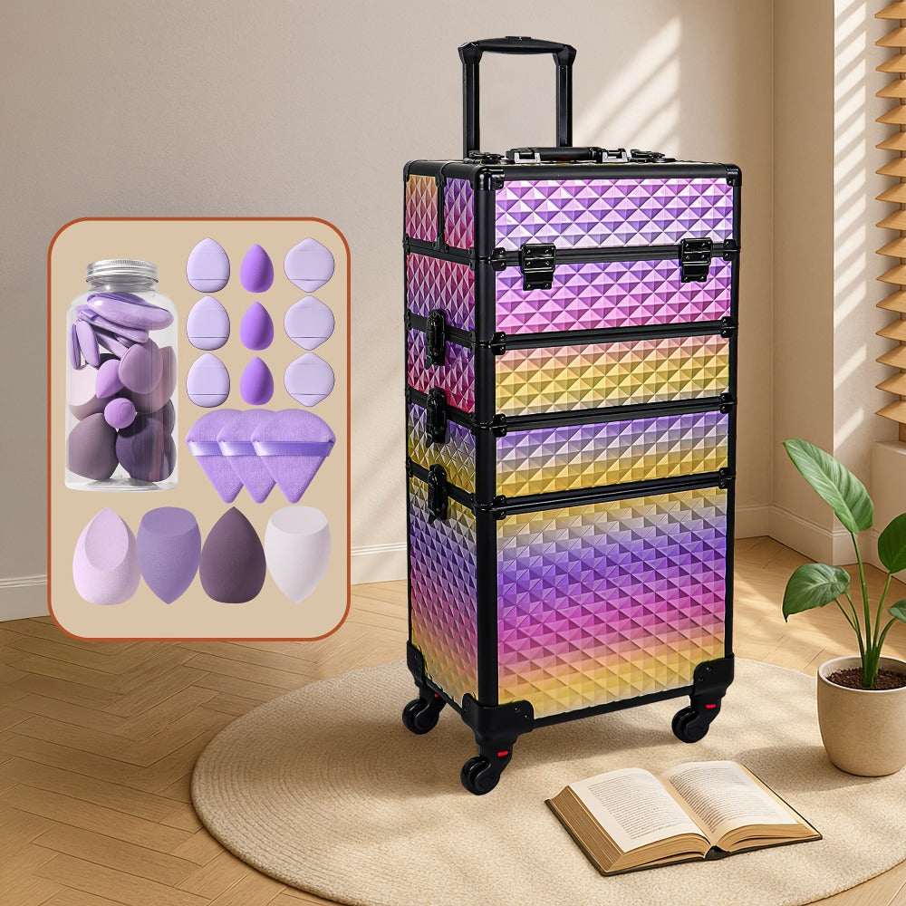 Rolling Makeup Train Case 4-in-1 Large Portable Cosmetic Trolley with 360 Degree Swivel Wheels Beauty Sponge Included Professional Salon