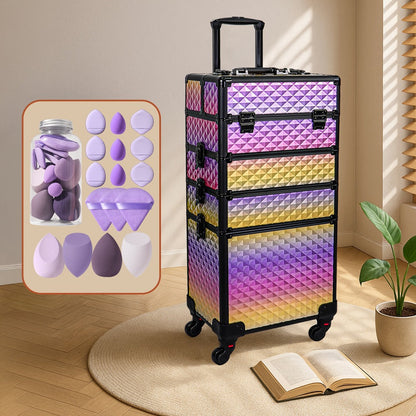 Rolling Makeup Train Case 4-in-1 Large Portable Cosmetic Trolley with 360 Degree Swivel Wheels Beauty Sponge Included Professional Salon
