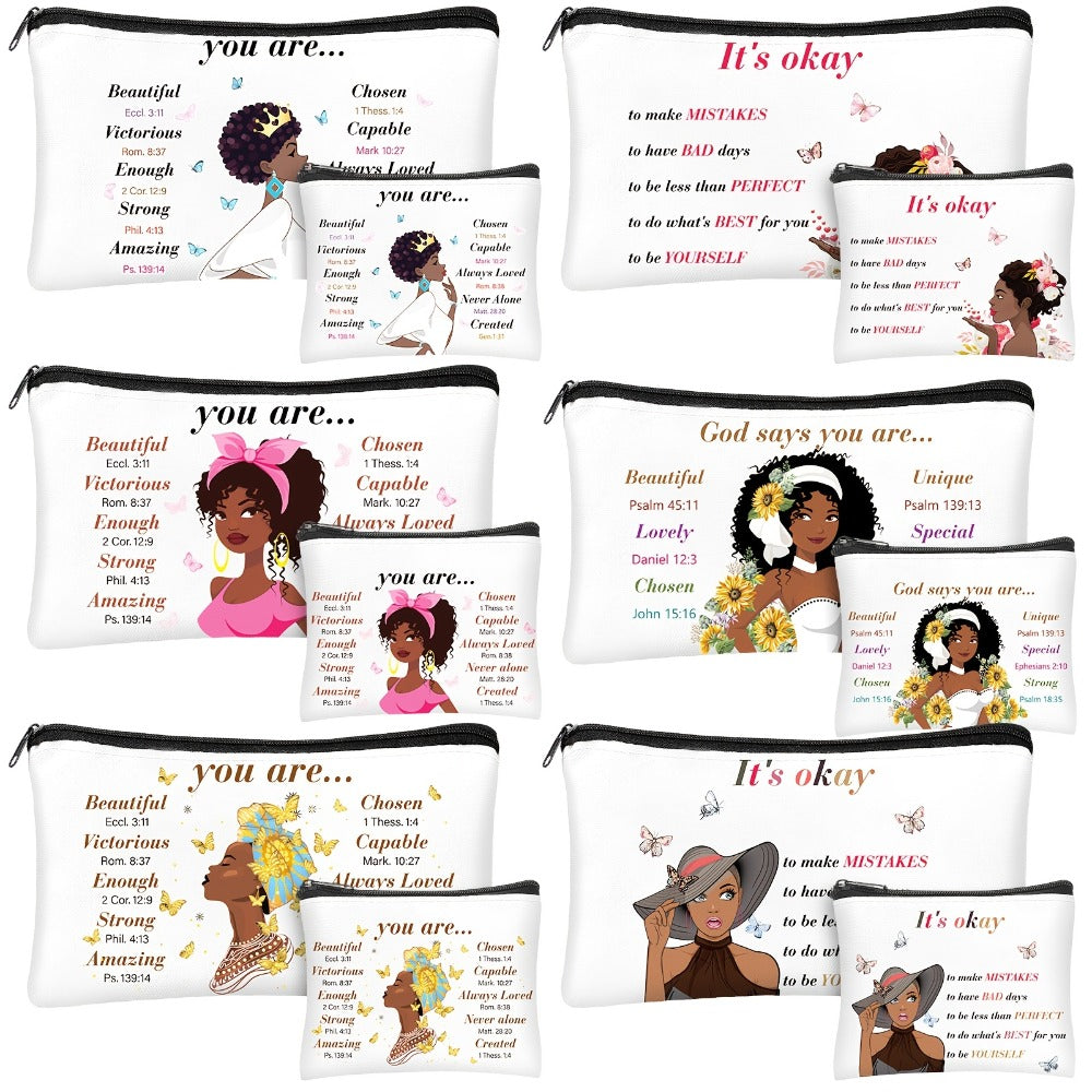 African Queen Makeup Bag Set 12 Pcs Inspirational Zipper Cosmetic Bags with Wallet Travel Toiletry Organizer Gift Set for Black Women Girls