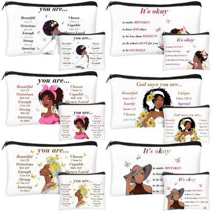 African Queen Makeup Bag Set 12 Pcs Inspirational Zipper Cosmetic Bags with Wallet Travel Toiletry Organizer Gift Set for Black Women Girls