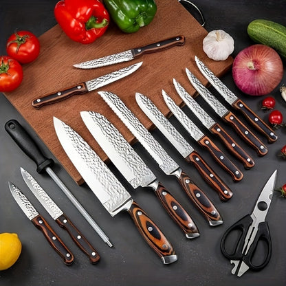 Kitchen Knife Set 15-Piece & 20-Piece Professional Chef Knives with Block Sharpener Ultra-Sharp Medium Carbon Stainless Steel Hammered Blade