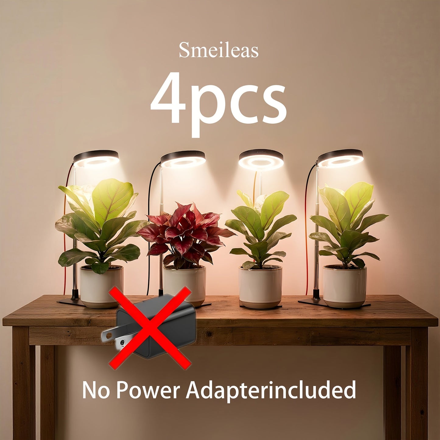 Four-Piece Tabletop Ring LED Plant Lamp Set with USB 3/6/9H Timer, Adjustable Poles and Bases