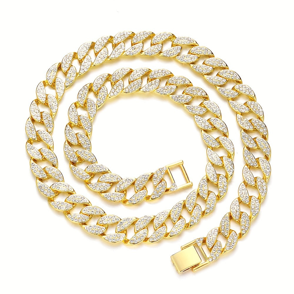 Dog Cuban Link Chain Necklace Full Rhinestone Pet Collar Jewelry – Durable Metal Bling Necklace for Small to Large Dogs & Cats