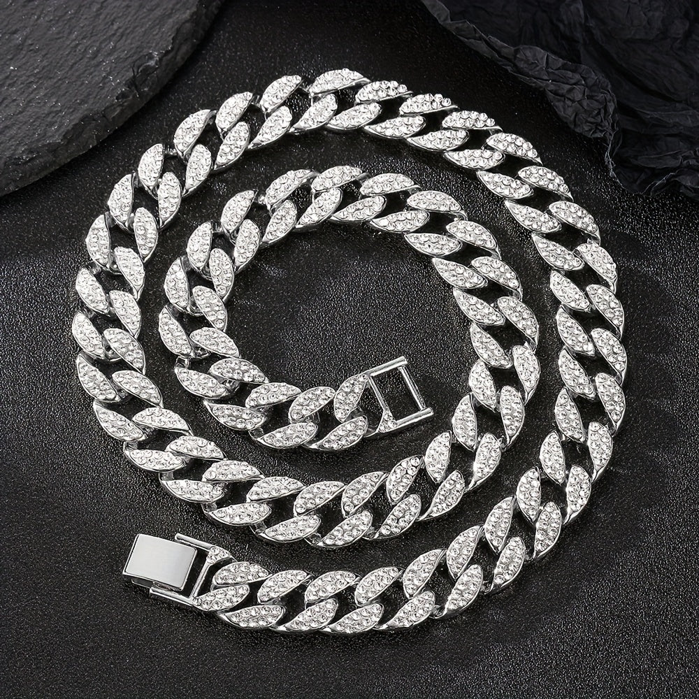 Dog Cuban Link Chain Necklace Full Rhinestone Pet Collar Jewelry – Durable Metal Bling Necklace for Small to Large Dogs & Cats