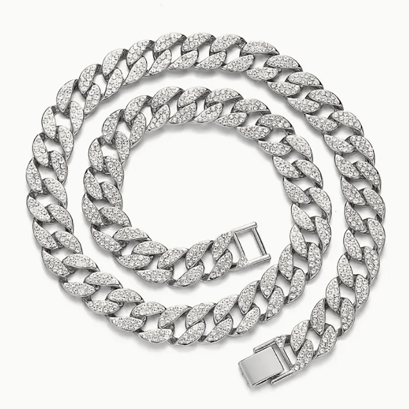 Dog Cuban Link Chain Necklace Full Rhinestone Pet Collar Jewelry – Durable Metal Bling Necklace for Small to Large Dogs & Cats