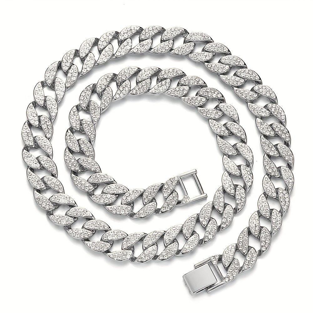 Dog Cuban Link Chain Necklace Full Rhinestone Pet Collar Jewelry – Durable Metal Bling Necklace for Small to Large Dogs & Cats