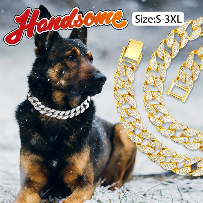 Dog Cuban Link Chain Necklace Full Rhinestone Pet Collar Jewelry – Durable Metal Bling Necklace for Small to Large Dogs & Cats