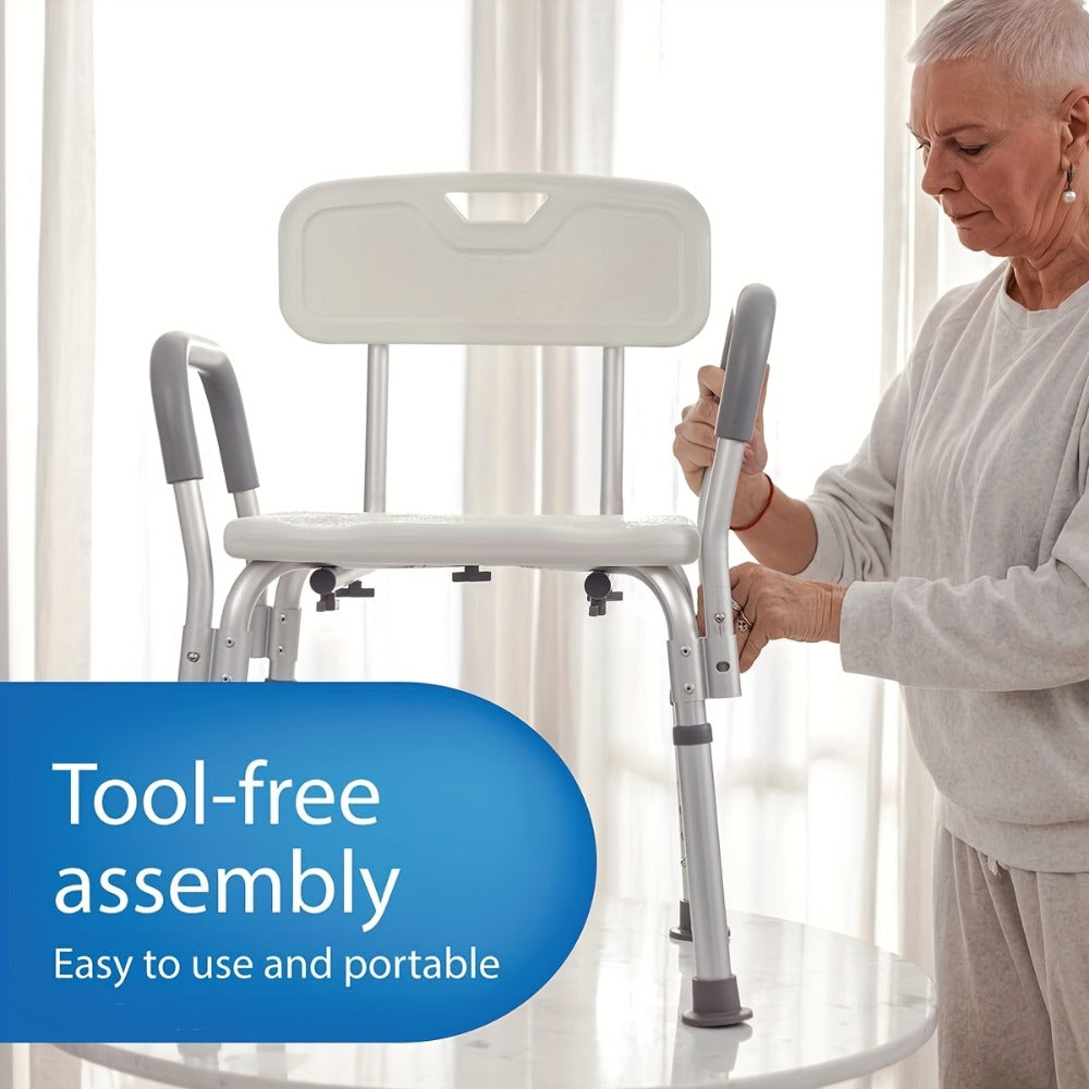 Height-Adjustable Shower Chair with Backrest, Padded Armrests, Drainage Seat and Four Rubber Feet