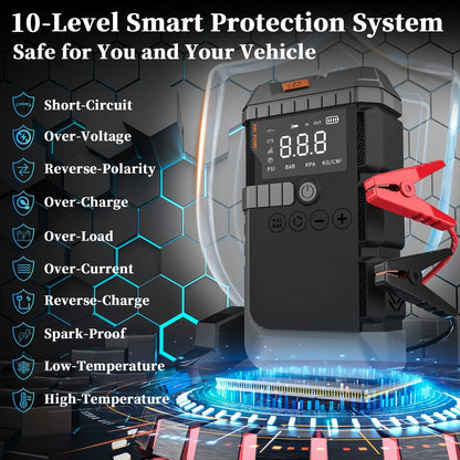 Jump Starter Power Bank 10000A 4-in-1 with 150 PSI Air Compressor LED Emergency Light USB Charging for Garden, Patio and Yard Use