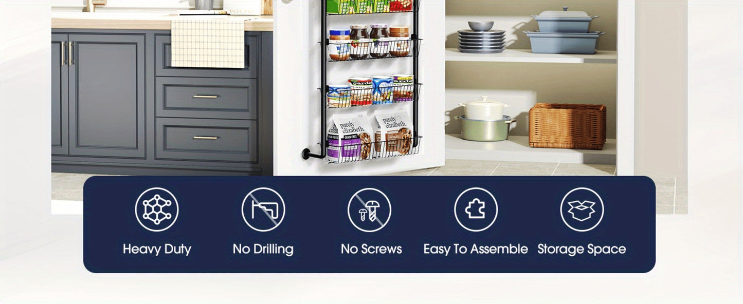 Over Door Pantry Storage Organizer 6 or 8-Tier Metal Spice Rack in Black or White for Kitchen Use